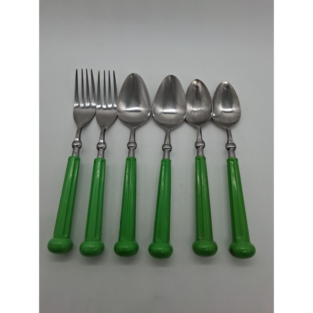 6 Piece Vintage Oxford Hall Oval Soup Spoon & Fork Lime Green Japan
